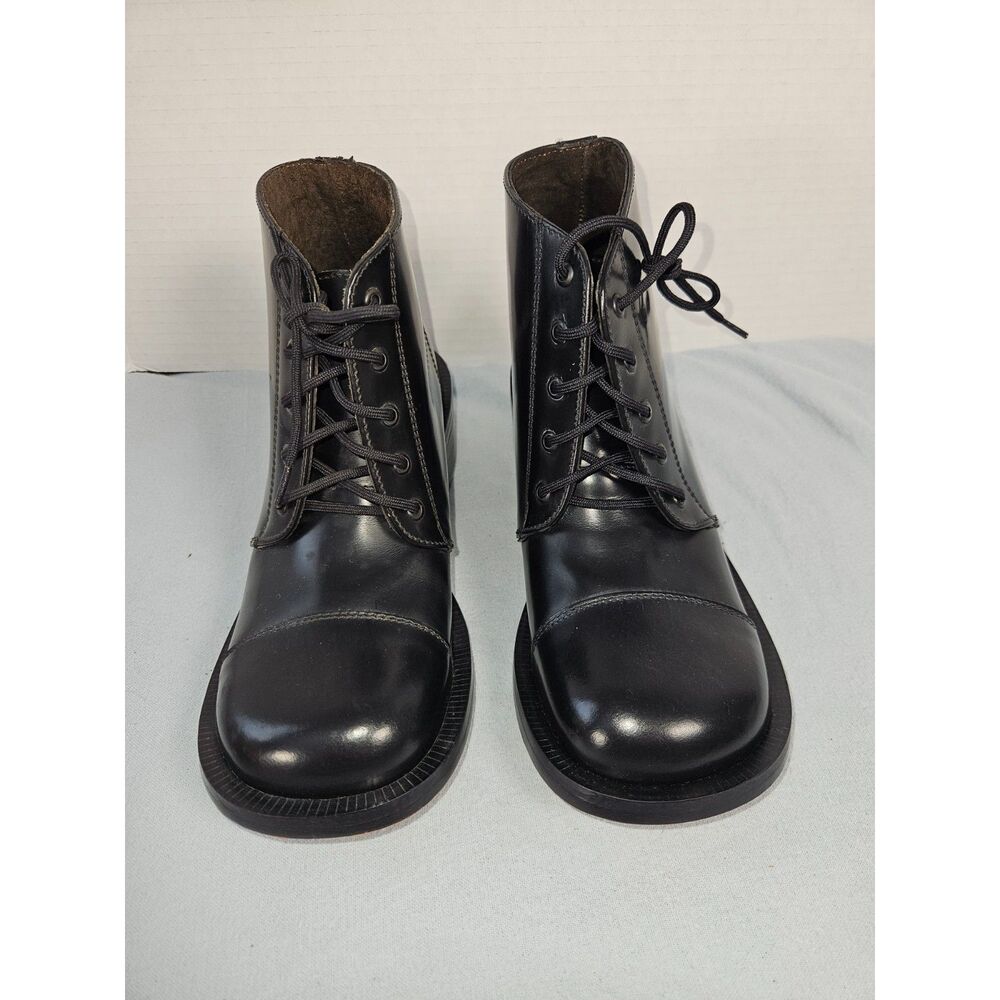 Joker’s Wild Black Leather Cap Toe Chunky Heel Lace Up Ankle Boots Mexico Size 6